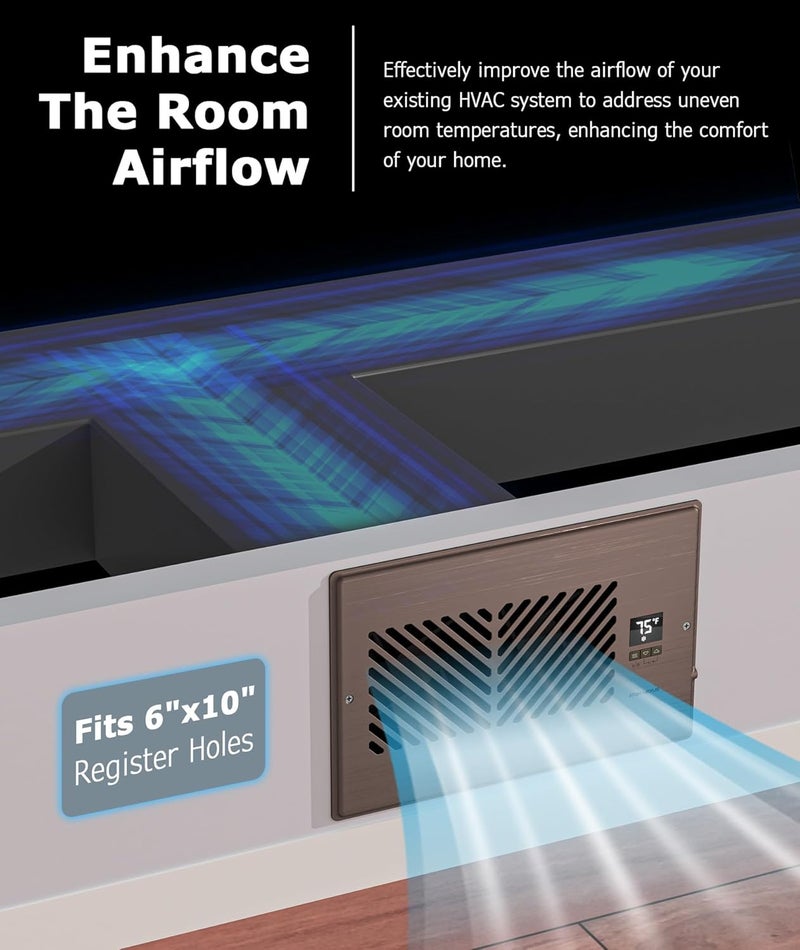 ATOM NEXUS Quiet Register Booster Fan, Smart Vent Booster Fan with Thermostat Control & Remote Control, 10-Speed Control Heating Cooling AC Vent (Brown, 6 x 10 inch) - Image 5